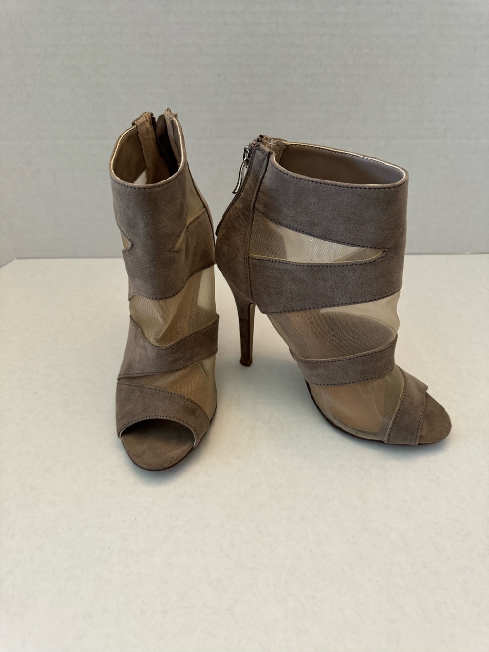 Chinese Laundry Taupe Suede & Mesh Peep-Toe Ankle Heels